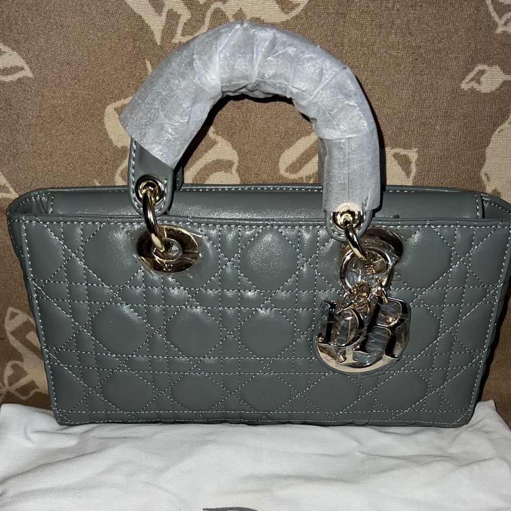 Designer-Inspired Lady Bag – Quilted Gray with Gold Hardware